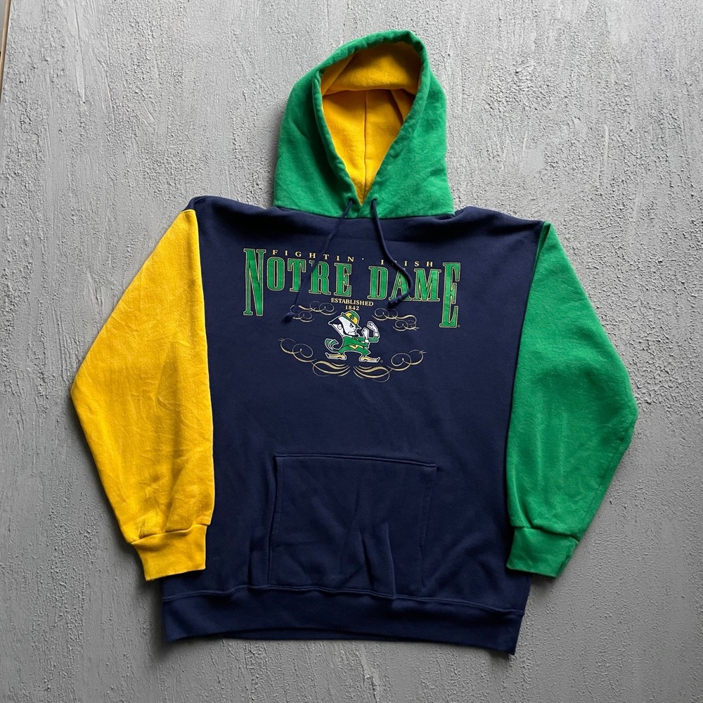 Vintage Notre Dame Fighting Irish Hoodie Men Large Navy Green Yellow 90s Nutmeg